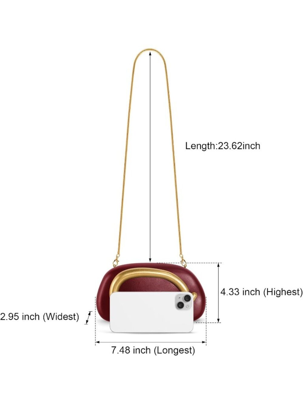 〽️Women's Wine Red Leather Clutch Purses Trendy C Handle Evening Bag with Chain - Picture 5 of 6